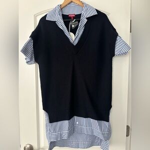 STAUD Navy Knit Vest/Blue Striped Shirt Dress